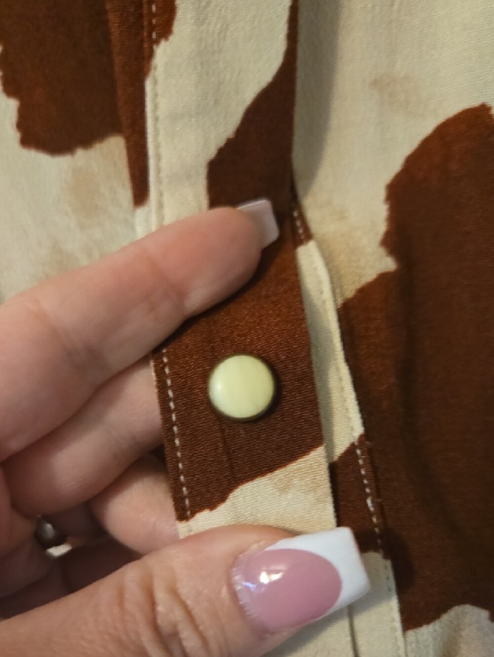 Idyllwind Cream and Brown Cow Print Button-Down Tie Front Top - Picture 3 of 4